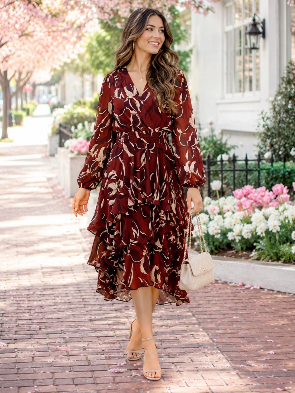 Steve Madden Bei Floral Long Sleeve Tiered High-Low Autumn Wedding Guest Dress